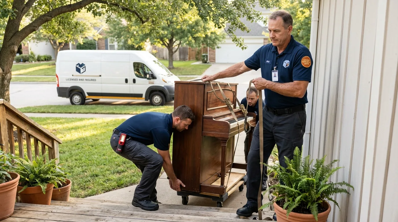 Licensed piano movers securing grand piano in Polkton, NC