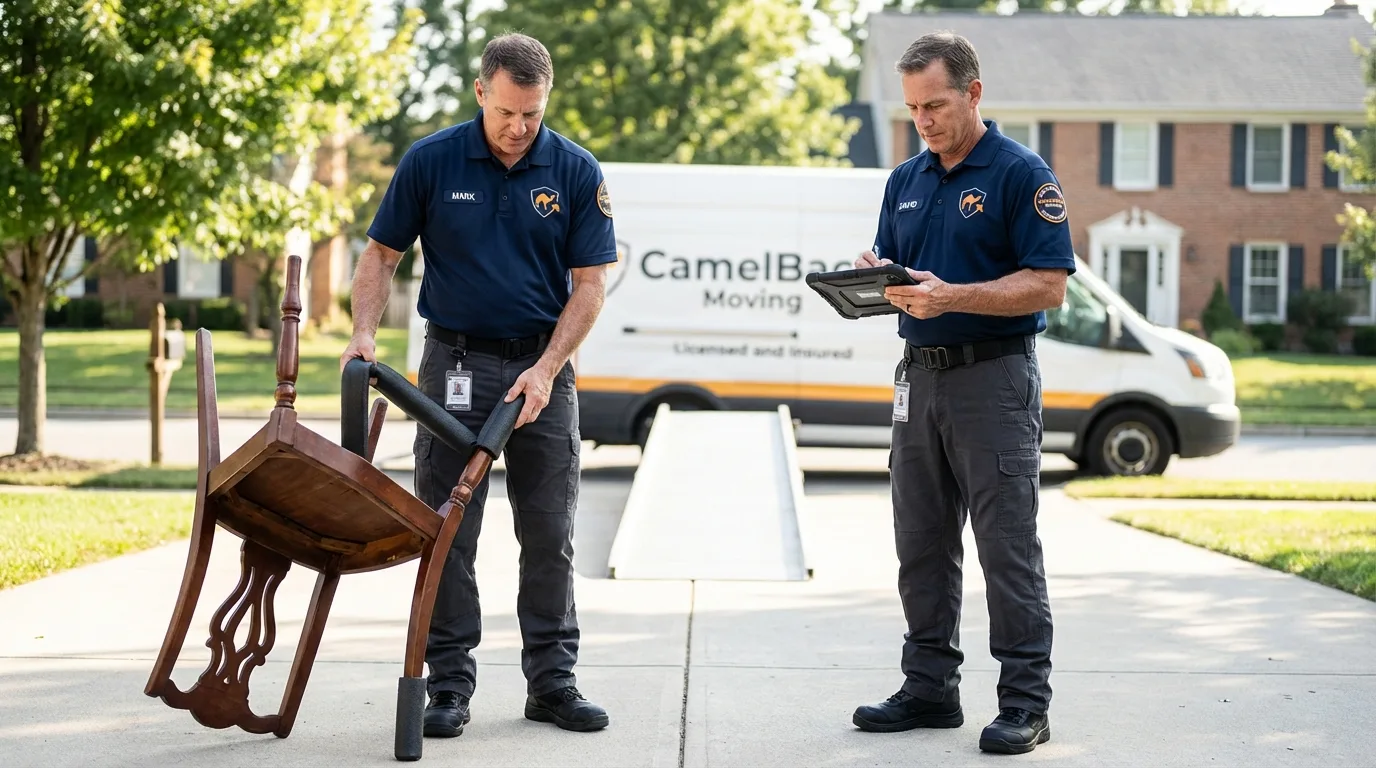 Movers inspecting furniture for damage prevention before loading in Polkton, NC