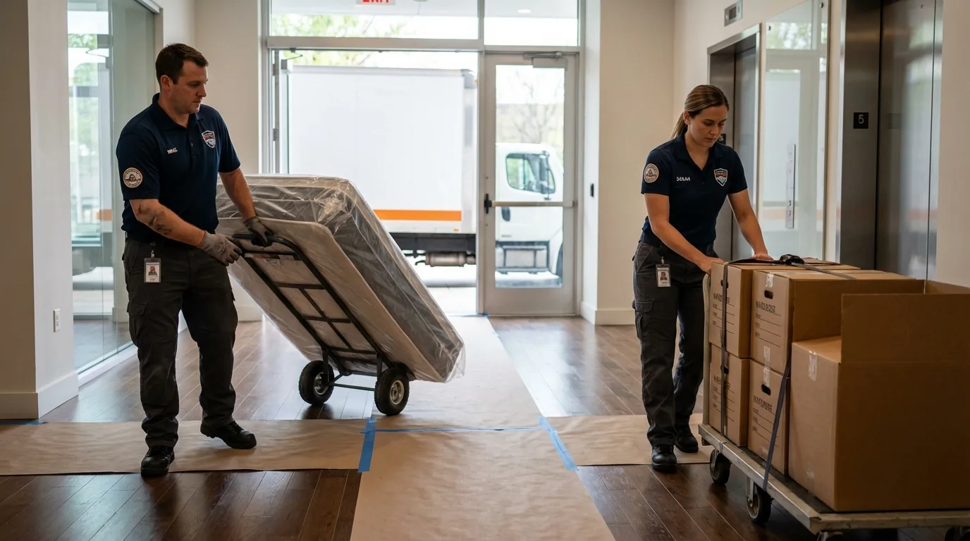 Professional apartment movers loading elevator in Polkton, NC